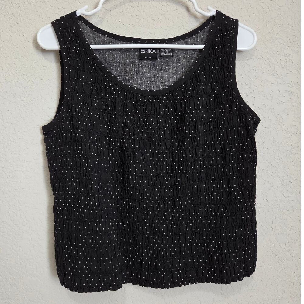 Erika Petite Polka Dot Shirred Top Women's PM Black Textured Tank Sleeveless